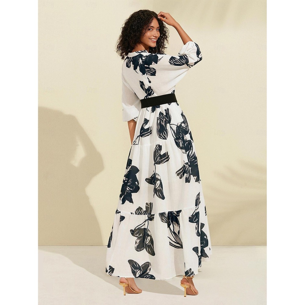 Ador Floral Maxi Shirt Dress White Black/Blue Belted Tiered Boho Medium NWT - Picture 2 of 3
